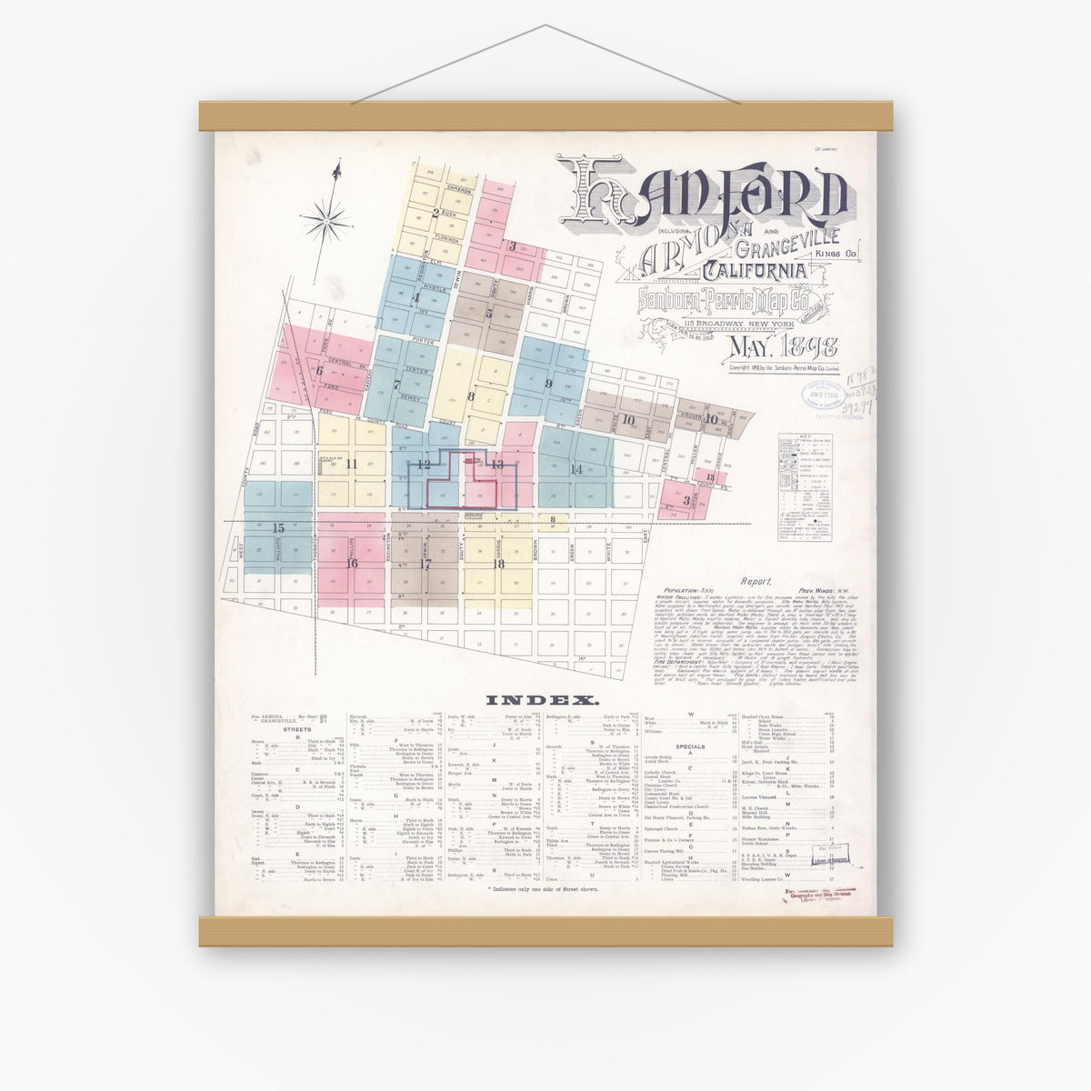 Old map wall art mockup — magnetic wood frame on white wall — Sanborn Fire Insurance Map from Hanford, Kings County, California (1898) - Complete Map Set