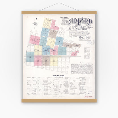 Old map wall art mockup — magnetic wood frame on white wall — Sanborn Fire Insurance Map from Hanford, Kings County, California (1898) - Complete Map Set