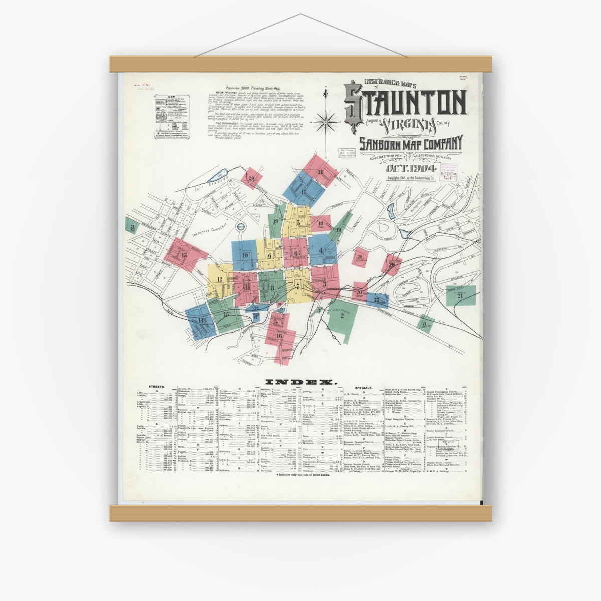 Old map wall art mockup — magnetic wood frame on white wall — Sanborn Fire Insurance Map from Staunton, Independent Cities, Virginia (1904) - Complete Map Set