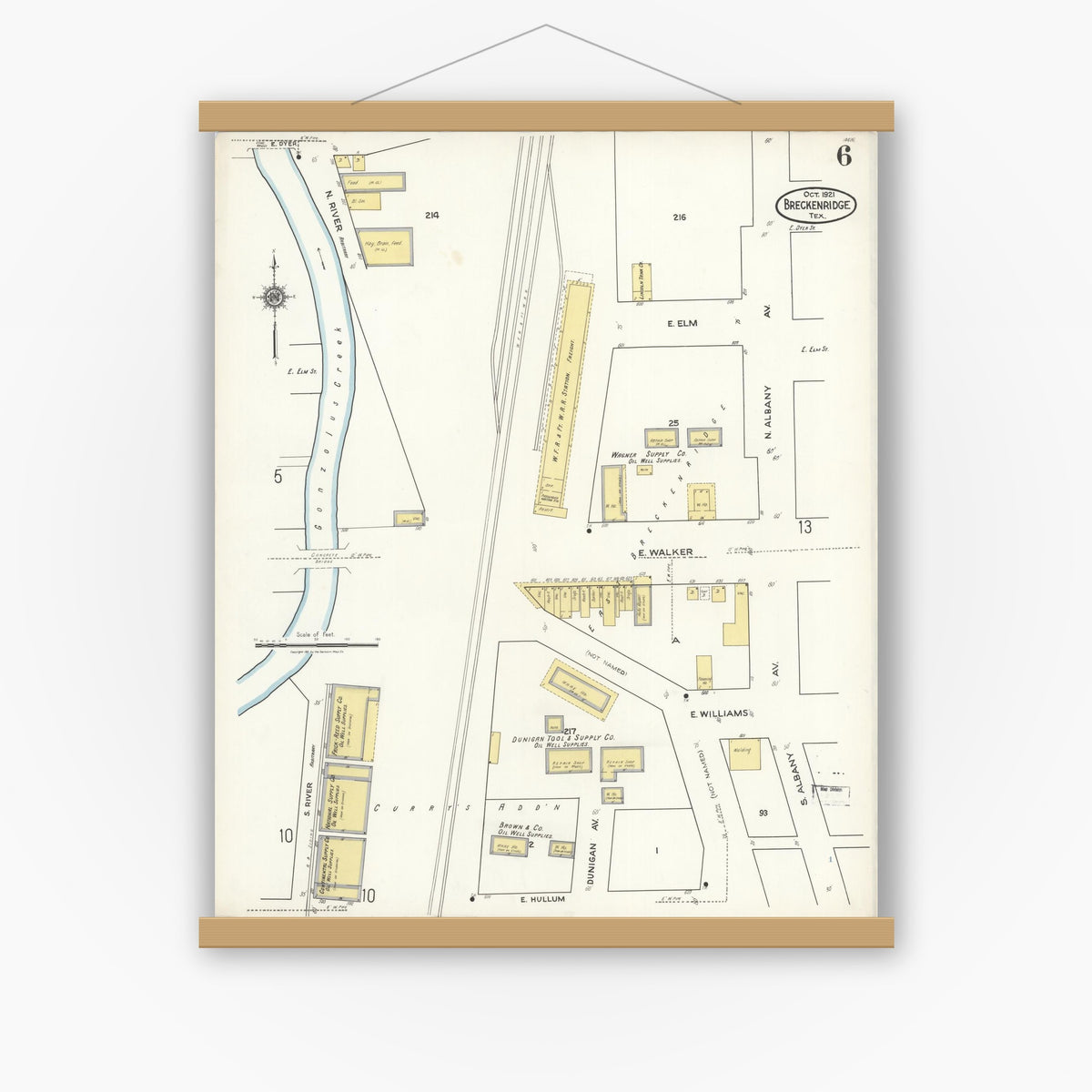 Old map wall art mockup — magnetic wood frame on white wall — Sanborn Fire Insurance Map from Breckenridge, Stephens County, Texas (1921), Sheet #0006