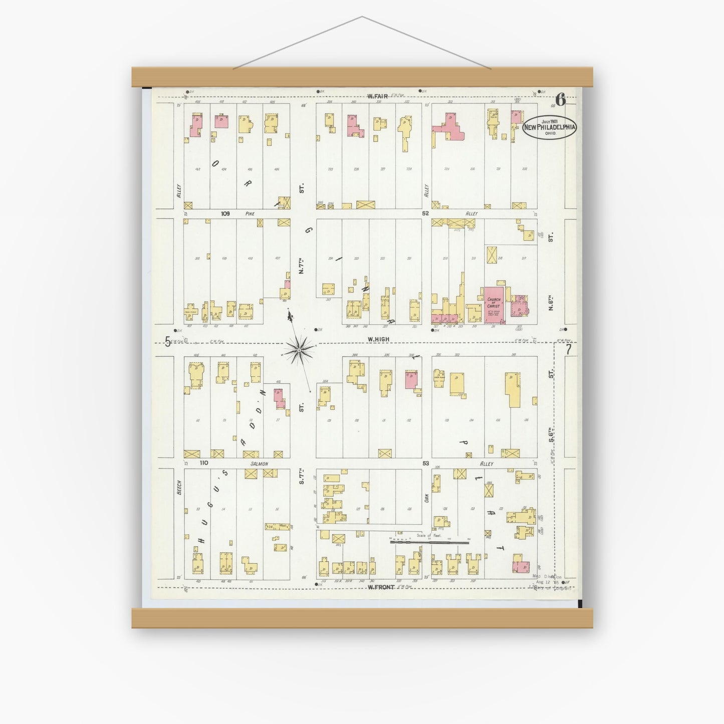 Old map wall art mockup — magnetic wood frame on white wall — Sanborn Fire Insurance Map from New Philadelphia, Tuscarawas County, Ohio (1901), Sheet #0006