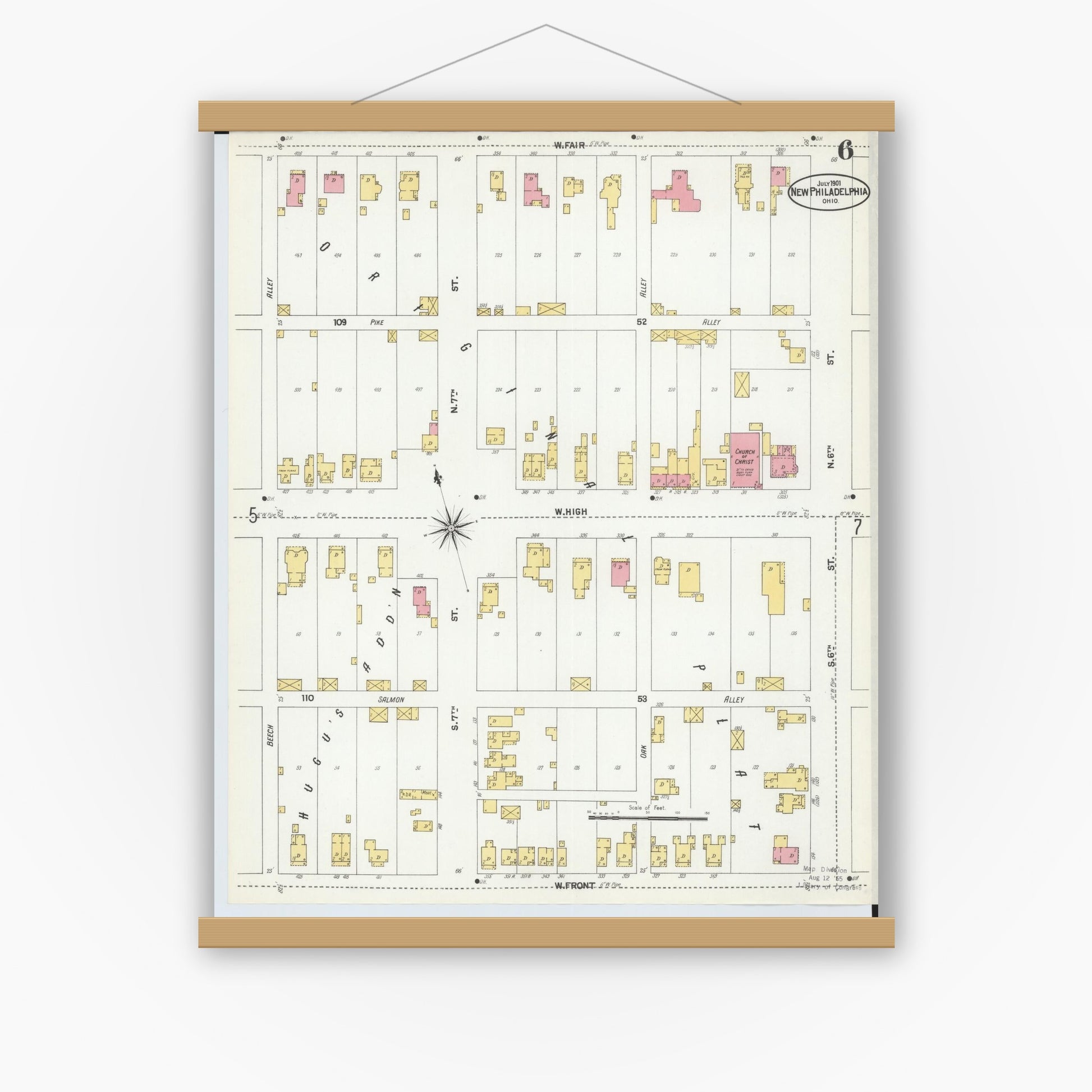 Old map wall art mockup — magnetic wood frame on white wall — Sanborn Fire Insurance Map from New Philadelphia, Tuscarawas County, Ohio (1901), Sheet #0006