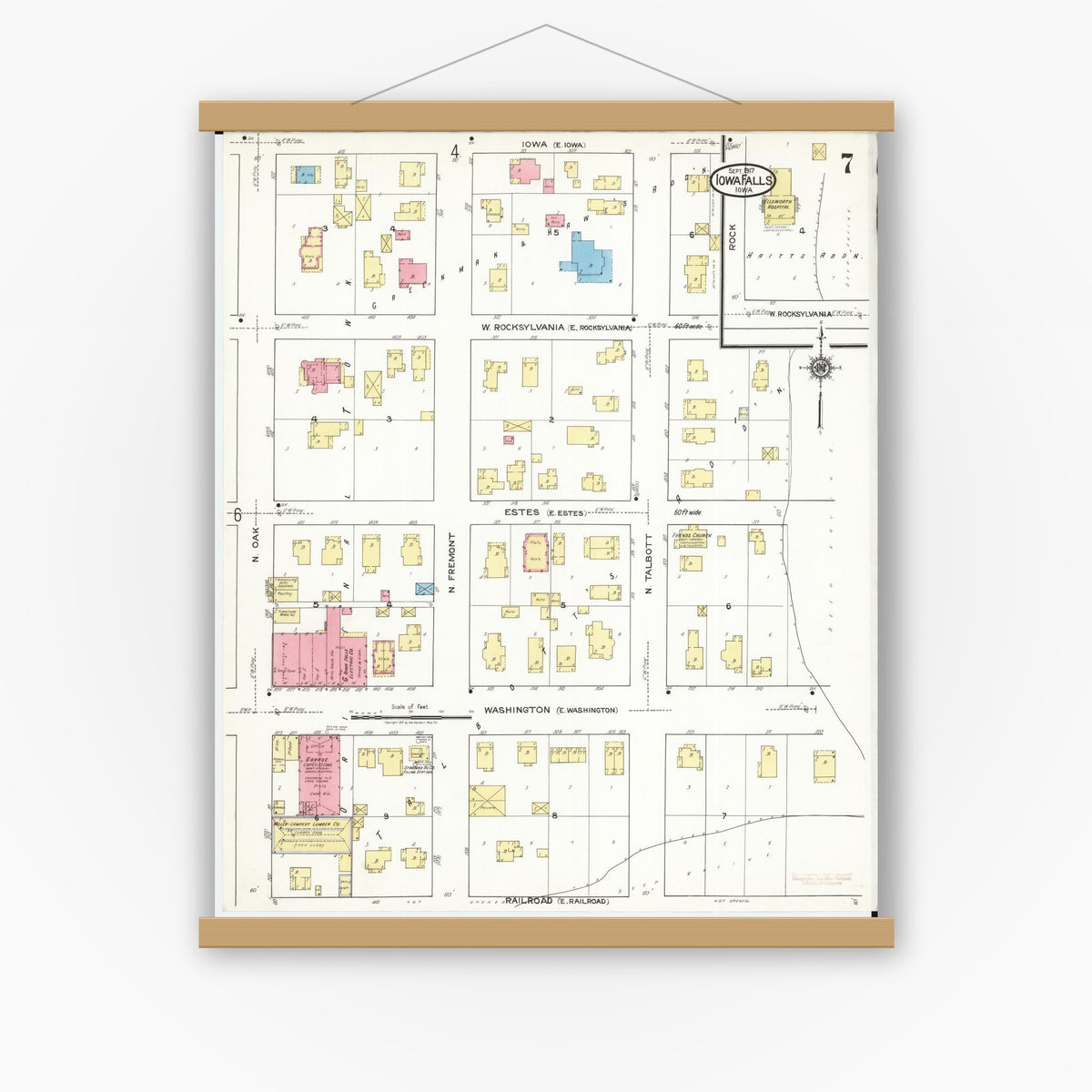Old map wall art mockup — magnetic wood frame on white wall — Sanborn Fire Insurance Map from Iowa Falls, Hardin County, Iowa (1917), Sheet #0007