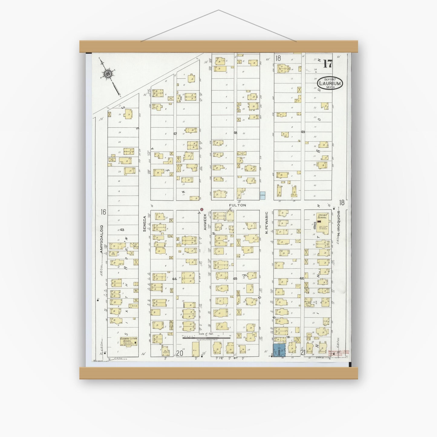 Old map wall art mockup — magnetic wood frame on white wall — Sanborn Fire Insurance Map from Laurium, Houghton County, Michigan (1917), Sheet #0017