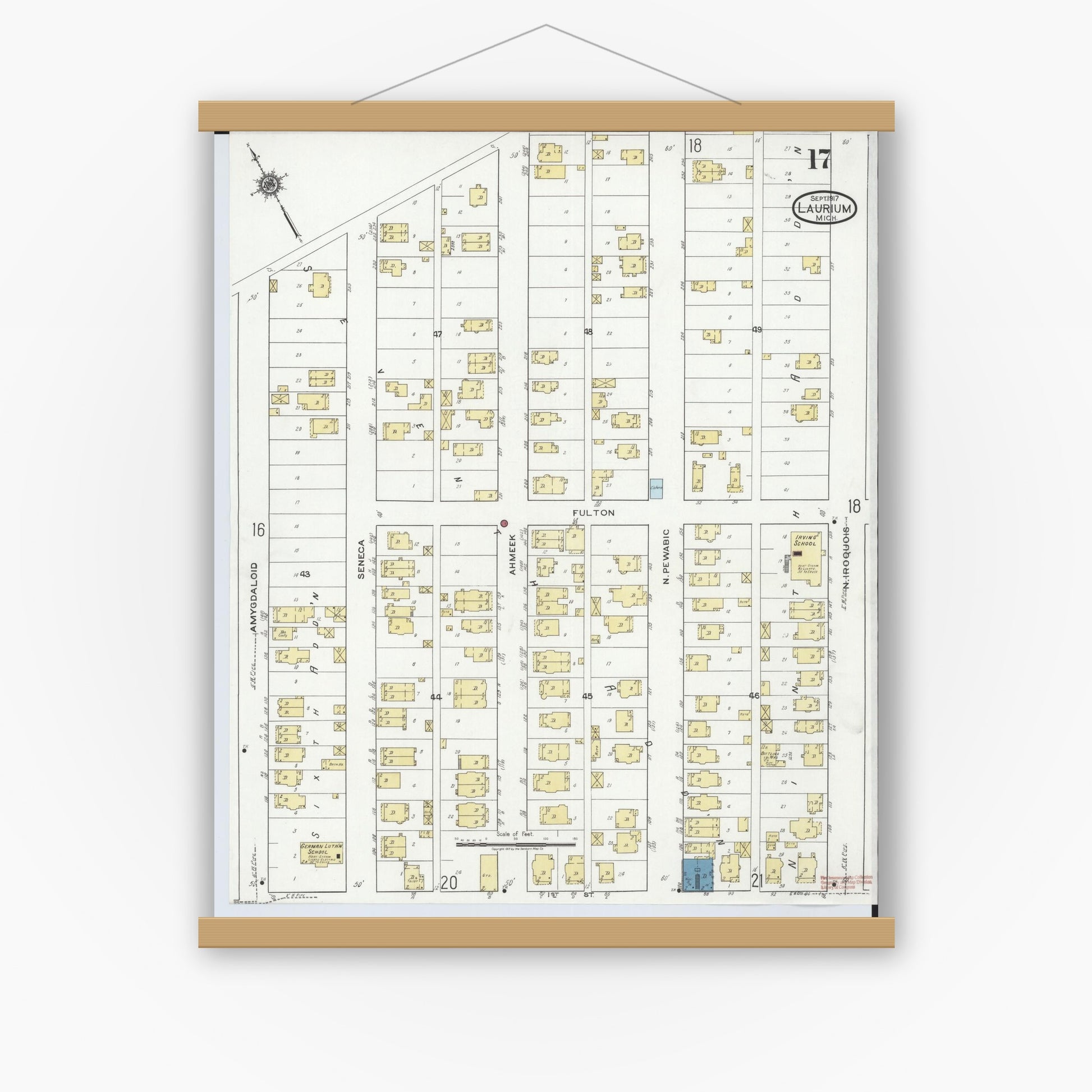 Old map wall art mockup — magnetic wood frame on white wall — Sanborn Fire Insurance Map from Laurium, Houghton County, Michigan (1917), Sheet #0017