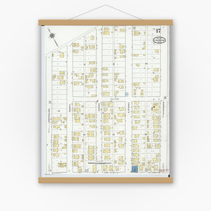 Old map wall art mockup — magnetic wood frame on white wall — Sanborn Fire Insurance Map from Laurium, Houghton County, Michigan (1917), Sheet #0017
