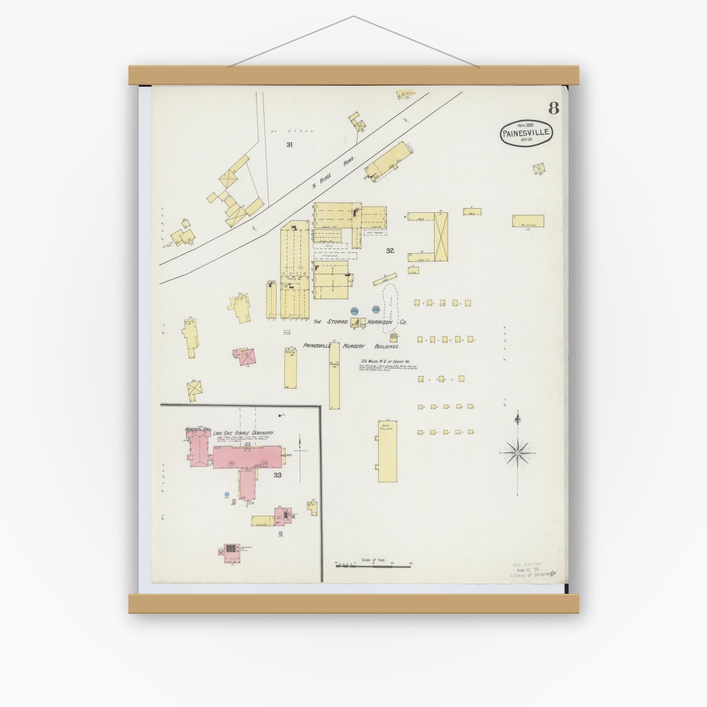 Old map wall art mockup — magnetic wood frame on white wall — Sanborn Fire Insurance Map from Painesville, Lake County, Ohio (1892), Sheet #0008