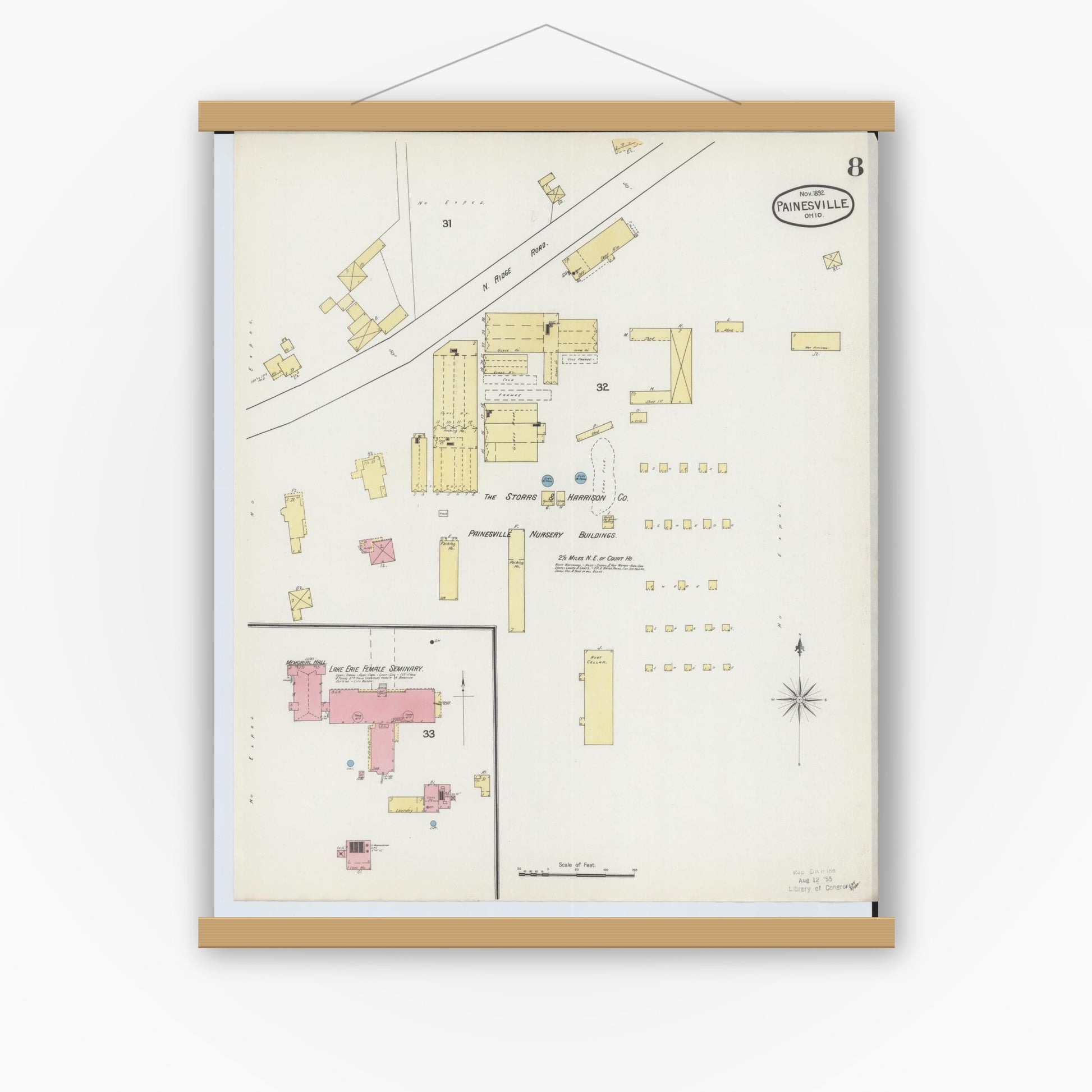 Old map wall art mockup — magnetic wood frame on white wall — Sanborn Fire Insurance Map from Painesville, Lake County, Ohio (1892), Sheet #0008