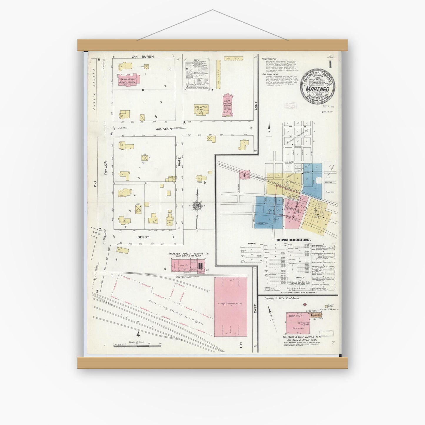 Old map wall art mockup — magnetic wood frame on white wall — Sanborn Fire Insurance Map from Marengo, McHenry County, Illinois (1912), Sheet #0001