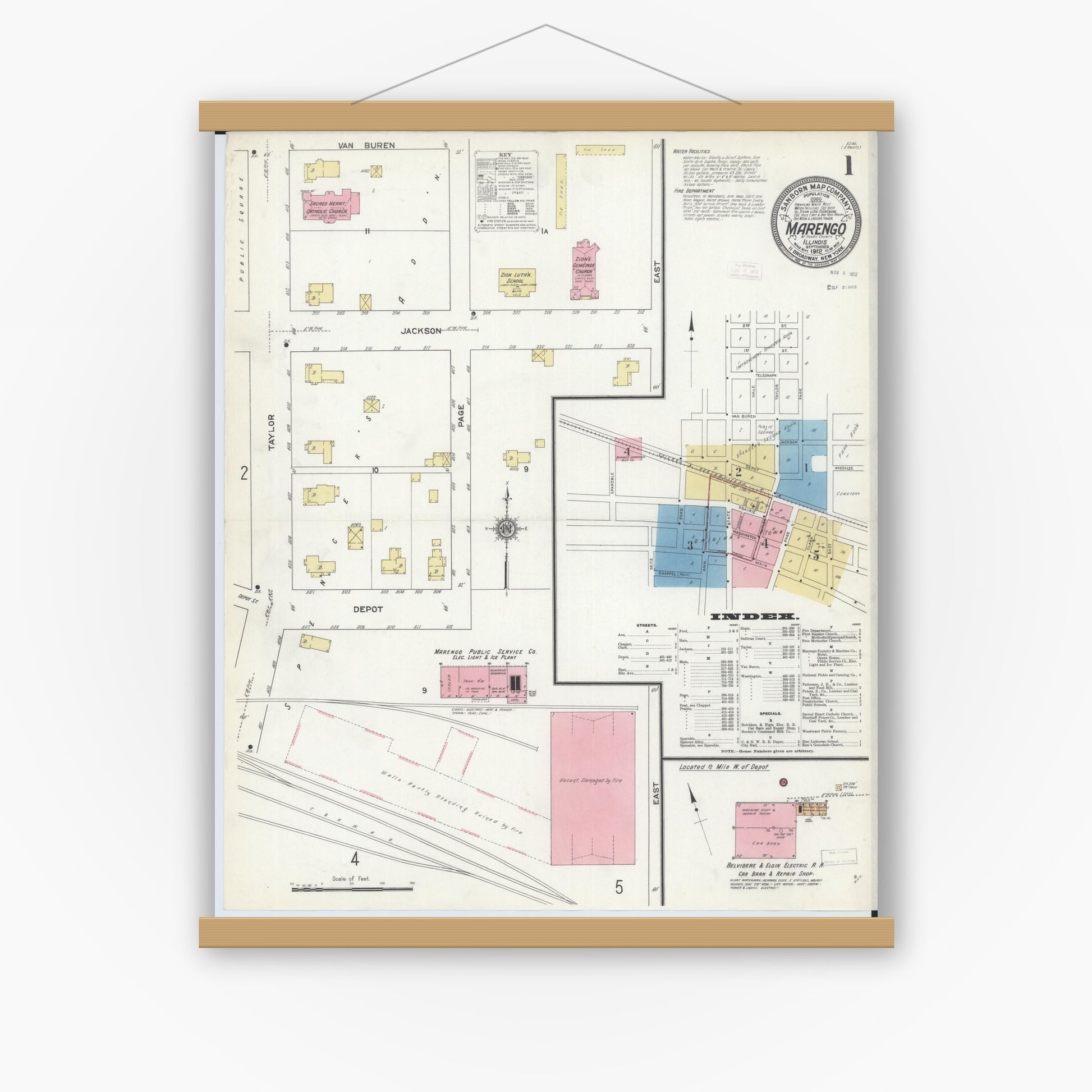 Old map wall art mockup — magnetic wood frame on white wall — Sanborn Fire Insurance Map from Marengo, McHenry County, Illinois (1912), Sheet #0001