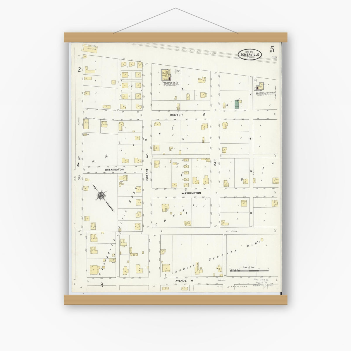 Old map wall art mockup — magnetic wood frame on white wall — Sanborn Fire Insurance Map from Somerville, Burleson County, Texas (1910), Sheet #0005