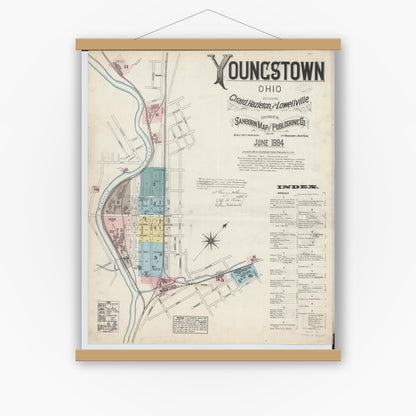 Old map wall art mockup — magnetic wood frame on white wall — Sanborn Fire Insurance Map from Youngstown, Mahoning County, Ohio (1884) - Complete Map Set