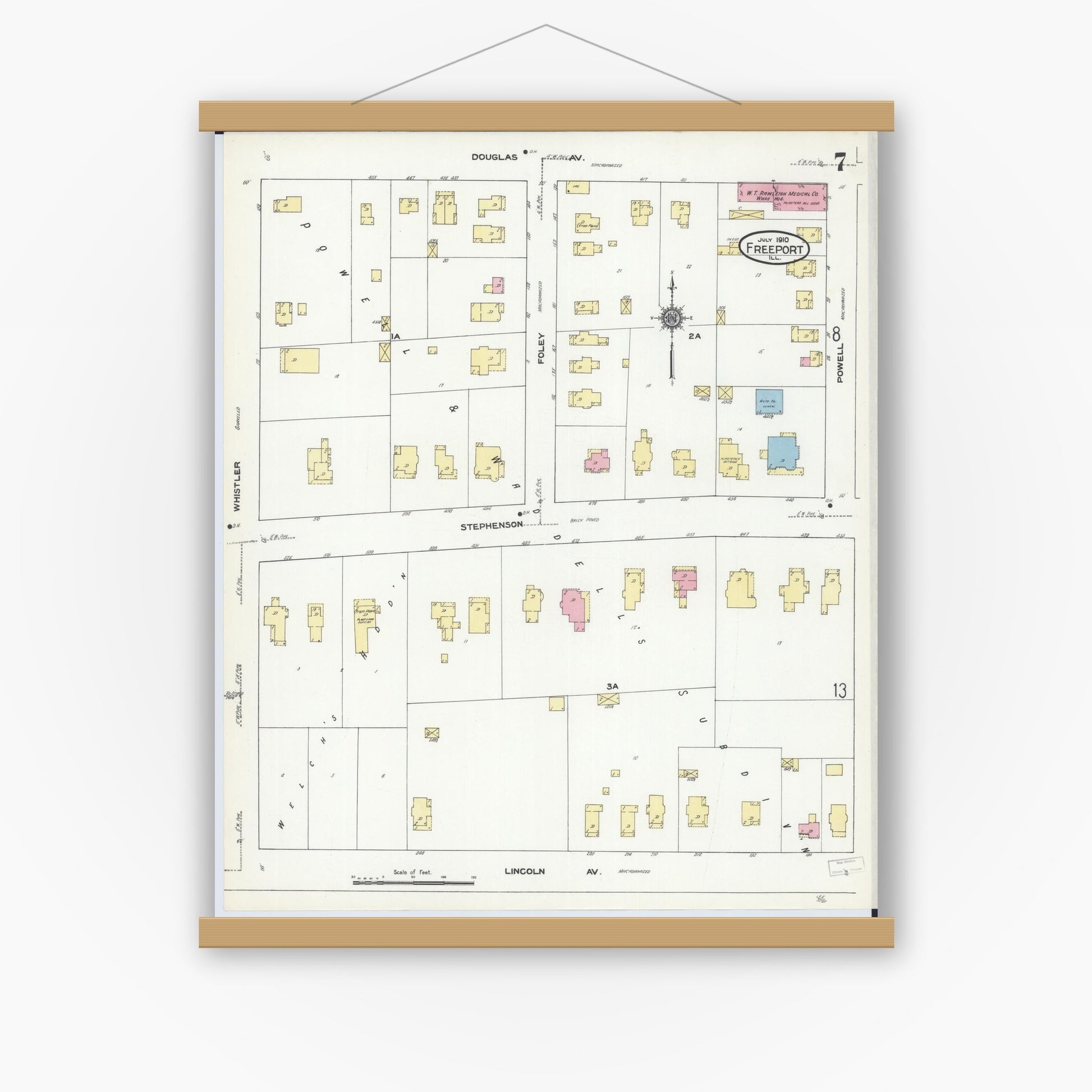Old map wall art mockup — magnetic wood frame on white wall — Sanborn Fire Insurance Map from Freeport, Stephenson County, Illinois (1910), Sheet #0007