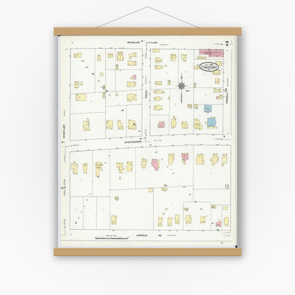 Old map wall art mockup — magnetic wood frame on white wall — Sanborn Fire Insurance Map from Freeport, Stephenson County, Illinois (1910), Sheet #0007