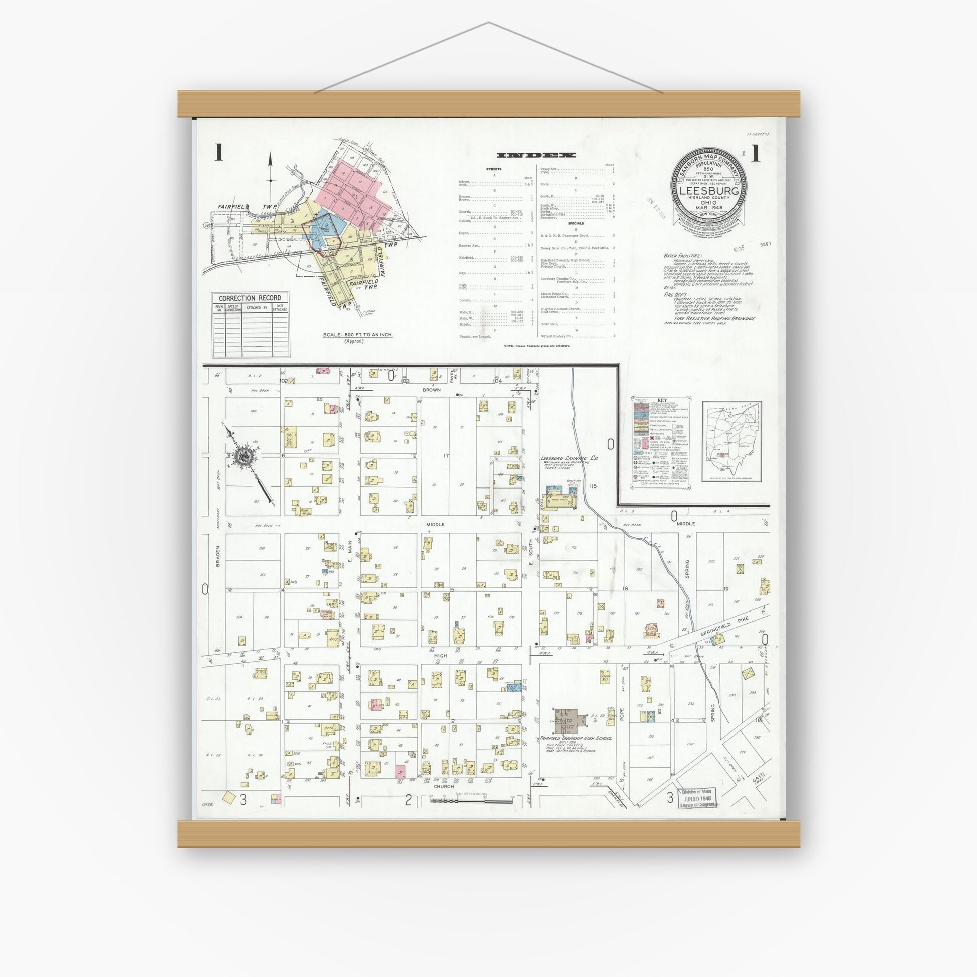 Old map wall art mockup — magnetic wood frame on white wall — Sanborn Fire Insurance Map from Leesburg, Highland County, Ohio (1948), Sheet #0001