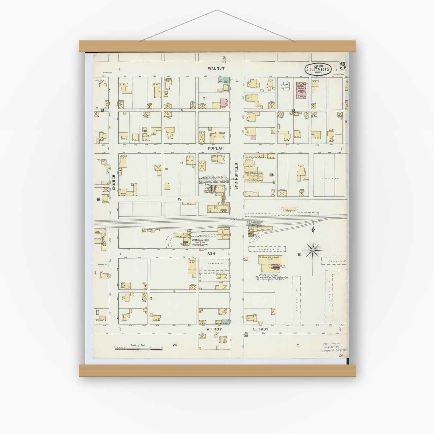 Old map wall art mockup — magnetic wood frame on white wall — Sanborn Fire Insurance Map from Saint Paris, Champaign County, Ohio (1895), Sheet #0003