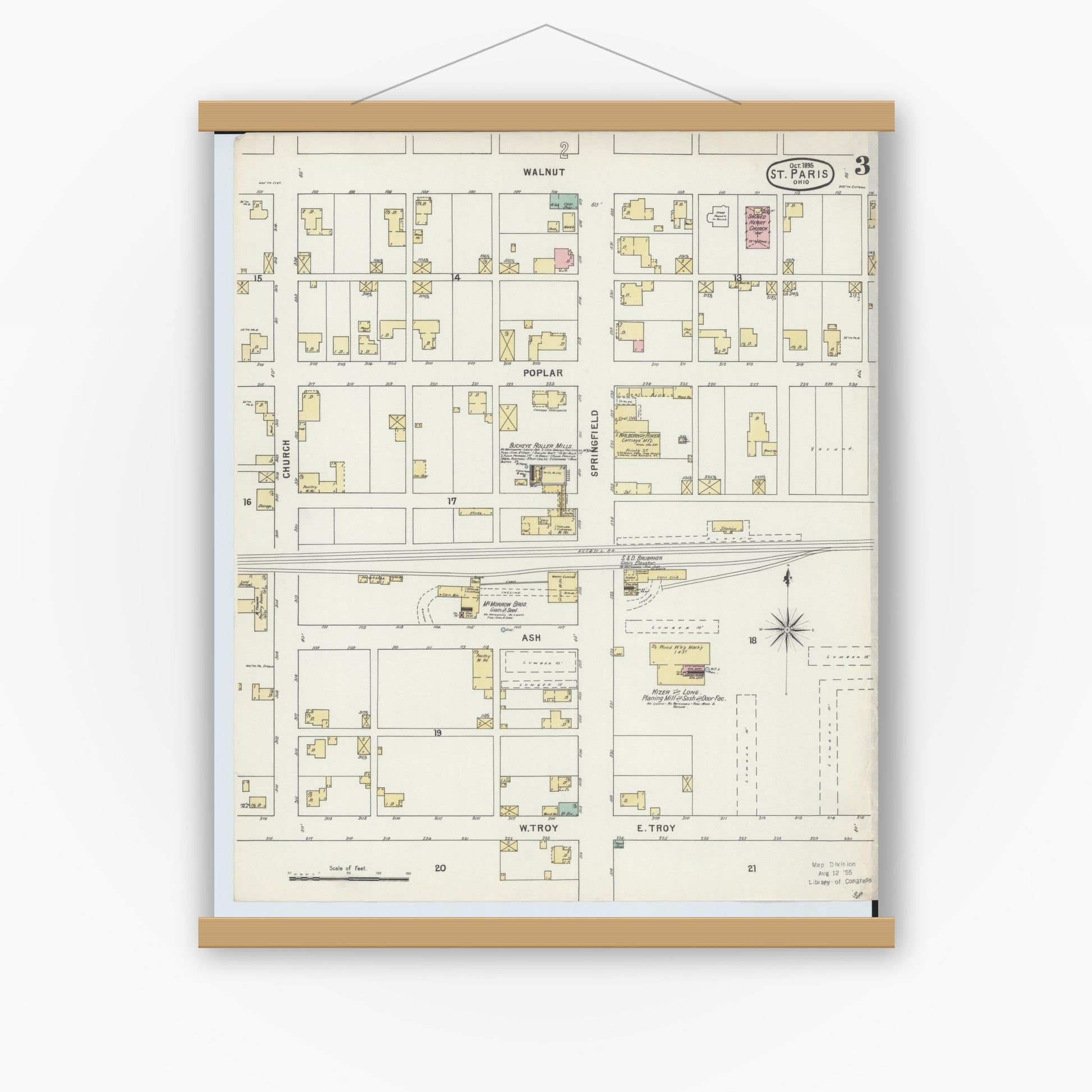 Old map wall art mockup — magnetic wood frame on white wall — Sanborn Fire Insurance Map from Saint Paris, Champaign County, Ohio (1895), Sheet #0003