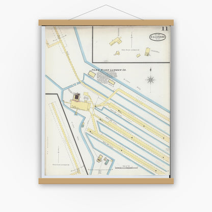 Old map wall art mockup — magnetic wood frame on white wall — Sanborn Fire Insurance Map from Escanaba, Delta County, Michigan (1893), Sheet #0011