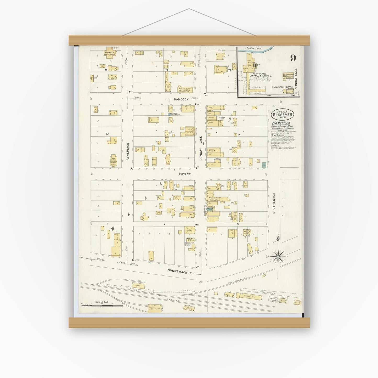 Old map wall art mockup — magnetic wood frame on white wall — Sanborn Fire Insurance Map from Bessemer, Gogebic County, Michigan (1908), Sheet #0009