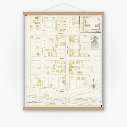 Old map wall art mockup — magnetic wood frame on white wall — Sanborn Fire Insurance Map from Bessemer, Gogebic County, Michigan (1908), Sheet #0009