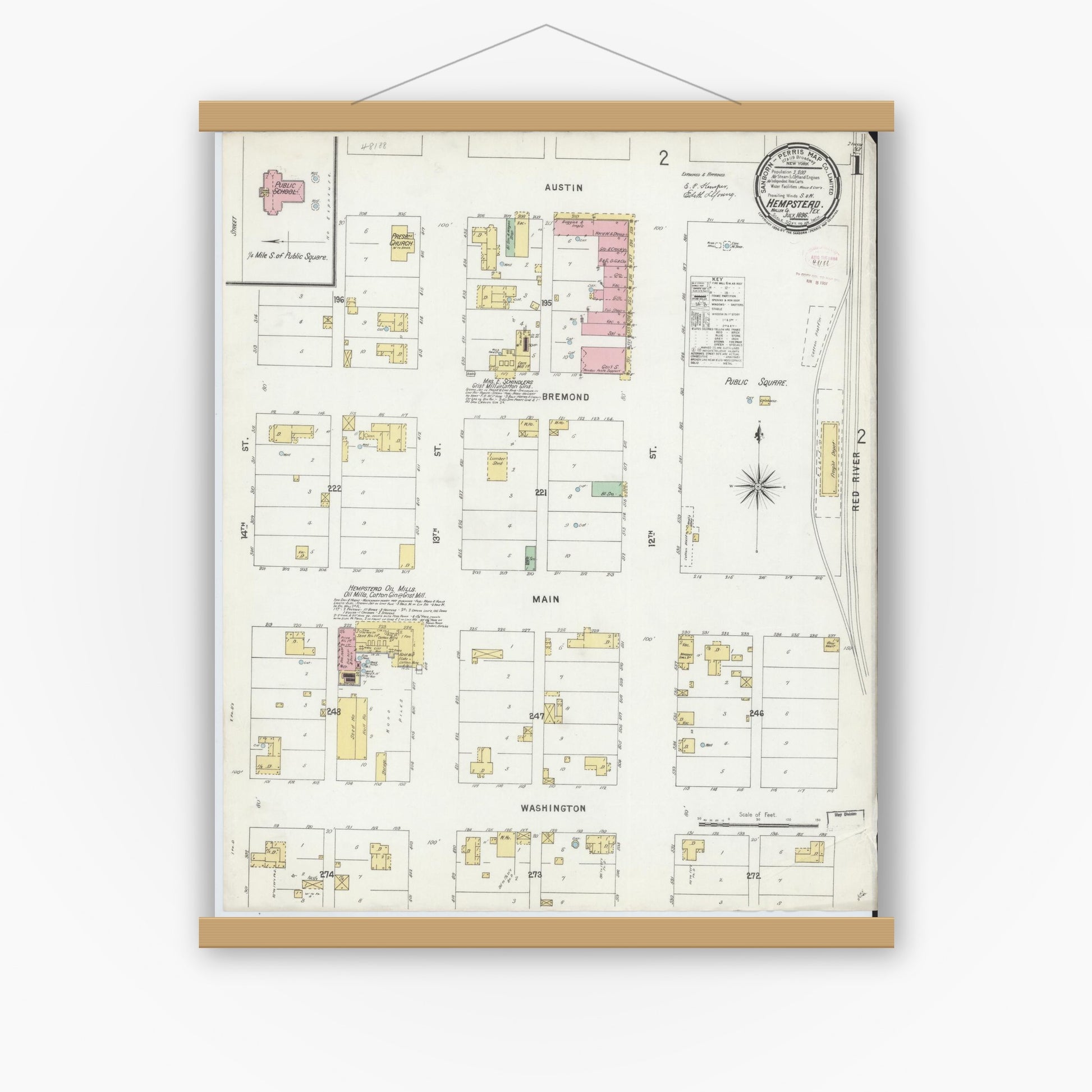 Old map wall art mockup — magnetic wood frame on white wall — Sanborn Fire Insurance Map from Hempstead, Waller County, Texas (1896) - Complete Map Set
