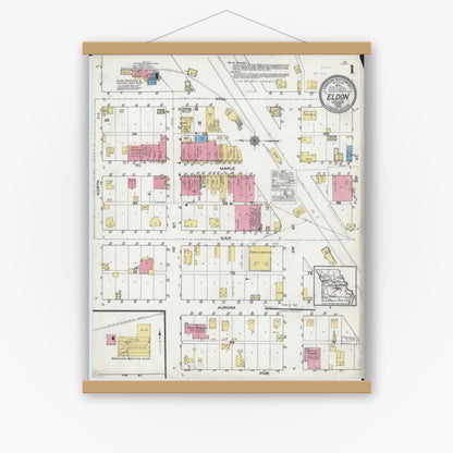 Old map wall art mockup — magnetic wood frame on white wall — Sanborn Fire Insurance Map from Eldon, Miller County, Missouri (1920) - Complete Map Set