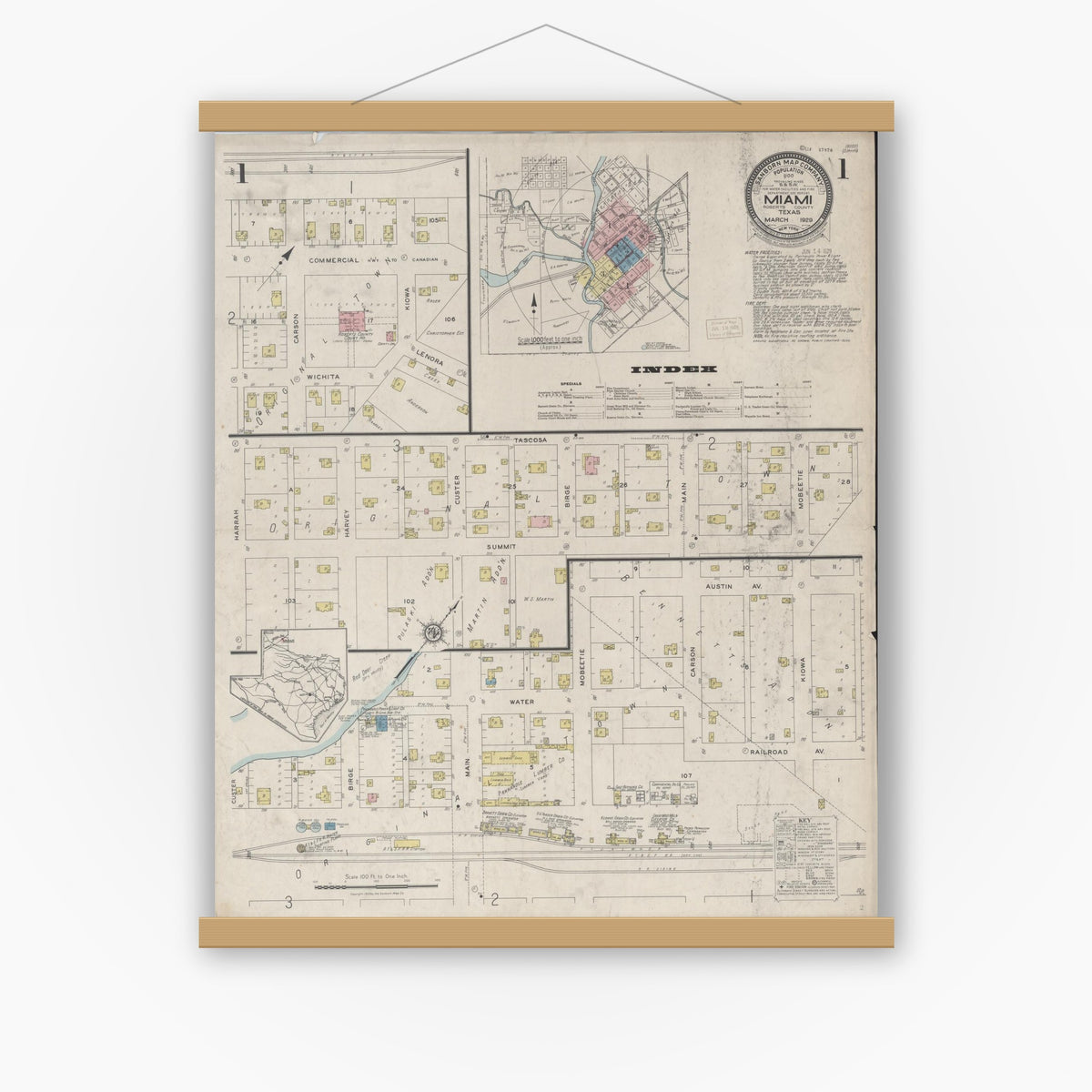 Old map wall art mockup — magnetic wood frame on white wall — Sanborn Fire Insurance Map from Miami, Roberts County, Texas (1929) - Complete Map Set