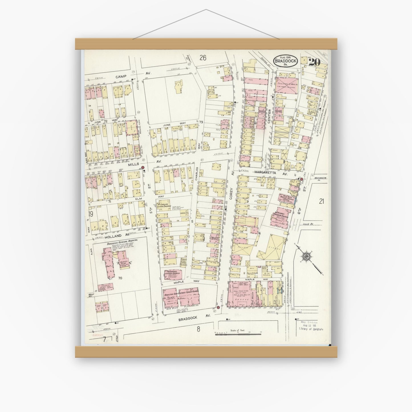 Old map wall art mockup — magnetic wood frame on white wall — Sanborn Fire Insurance Map from Braddock, Allegheny County, Pennsylvania (1914), Sheet #0020