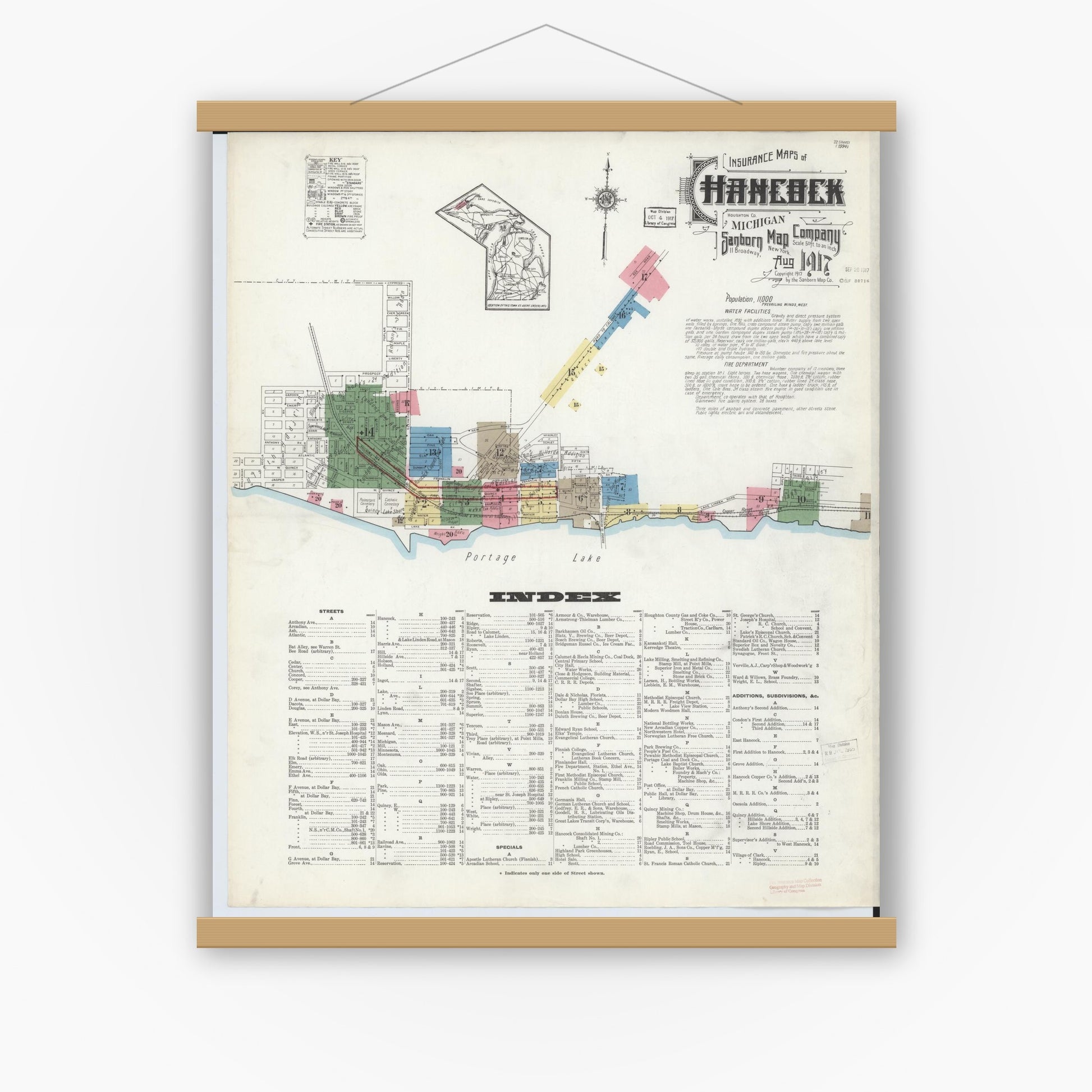 Old map wall art mockup — magnetic wood frame on white wall — Sanborn Fire Insurance Map from Hancock, Houghton County, Michigan (1917) - Complete Map Set