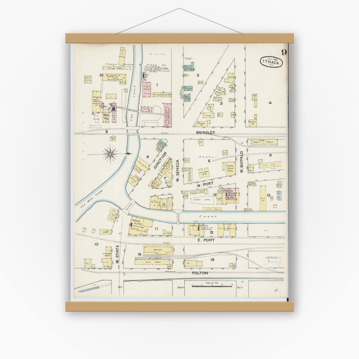 Old map wall art mockup — magnetic wood frame on white wall — Sanborn Fire Insurance Map from Ithaca, Tompkins County, New York (1888), Sheet #0009