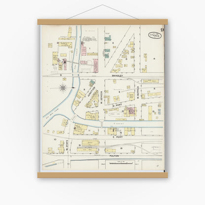 Old map wall art mockup — magnetic wood frame on white wall — Sanborn Fire Insurance Map from Ithaca, Tompkins County, New York (1888), Sheet #0009