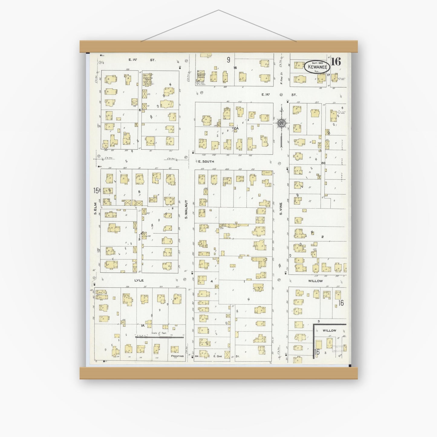 Old map wall art mockup — magnetic wood frame on white wall — Sanborn Fire Insurance Map from Kewanee, Henry County, Illinois (1910), Sheet #0016