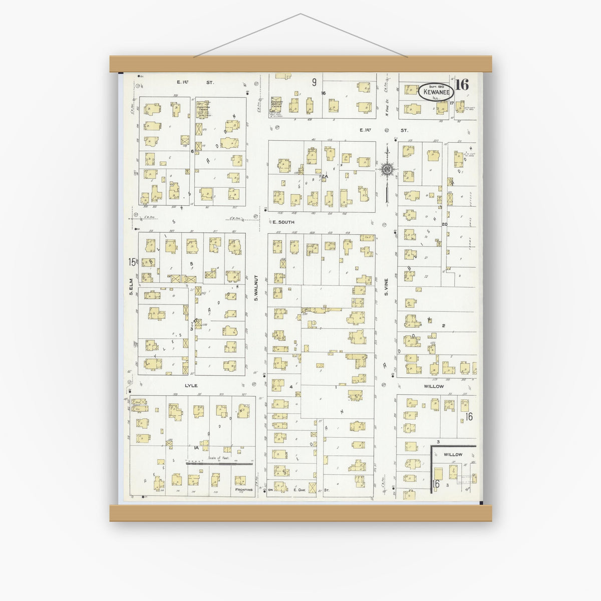 Old map wall art mockup — magnetic wood frame on white wall — Sanborn Fire Insurance Map from Kewanee, Henry County, Illinois (1910), Sheet #0016