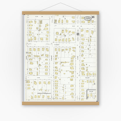 Old map wall art mockup — magnetic wood frame on white wall — Sanborn Fire Insurance Map from Kewanee, Henry County, Illinois (1910), Sheet #0016