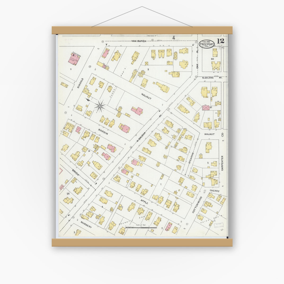 Old map wall art mockup — magnetic wood frame on white wall — Sanborn Fire Insurance Map from Freeport, Stephenson County, Illinois (1904), Sheet #0012
