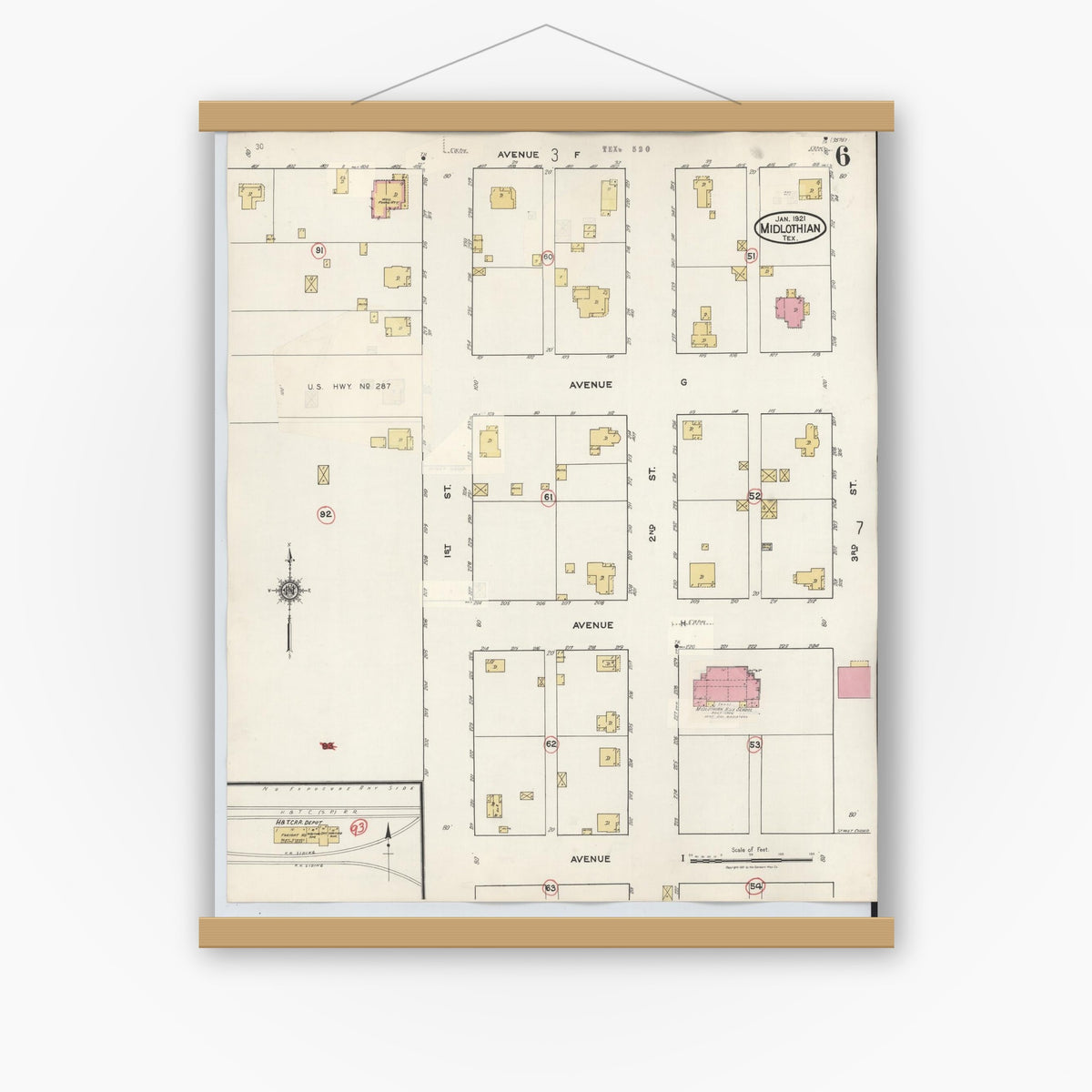 Old map wall art mockup — magnetic wood frame on white wall — Sanborn Fire Insurance Map from Midlothian, Ellis County, Texas (1944), Sheet #0006