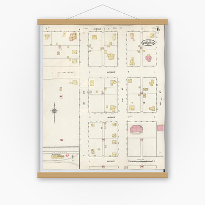Old map wall art mockup — magnetic wood frame on white wall — Sanborn Fire Insurance Map from Midlothian, Ellis County, Texas (1944), Sheet #0006