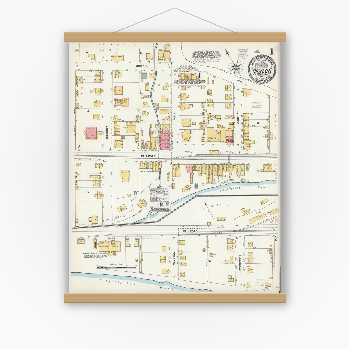 Old map wall art mockup — magnetic wood frame on white wall — Sanborn Fire Insurance Map from Dawson, Fayette County, Pennsylvania (1904) - Complete Map Set