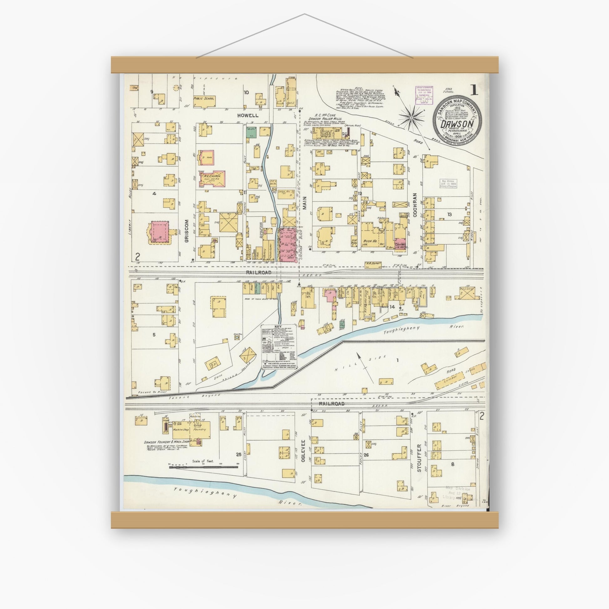 Old map wall art mockup — magnetic wood frame on white wall — Sanborn Fire Insurance Map from Dawson, Fayette County, Pennsylvania (1904) - Complete Map Set