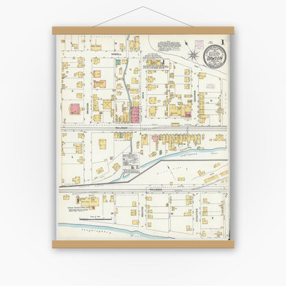Old map wall art mockup — magnetic wood frame on white wall — Sanborn Fire Insurance Map from Dawson, Fayette County, Pennsylvania (1904) - Complete Map Set