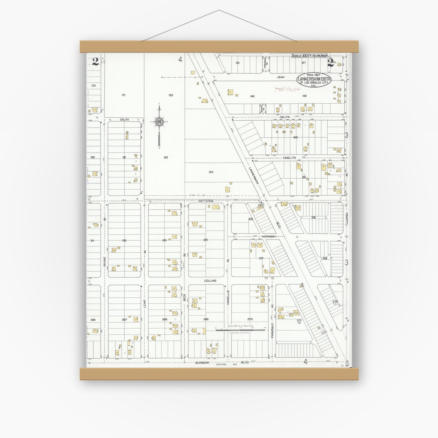 Old map wall art mockup — magnetic wood frame on white wall — Sanborn Fire Insurance Map from Lankershim, Los Angeles County, California (1927), Sheet #0002