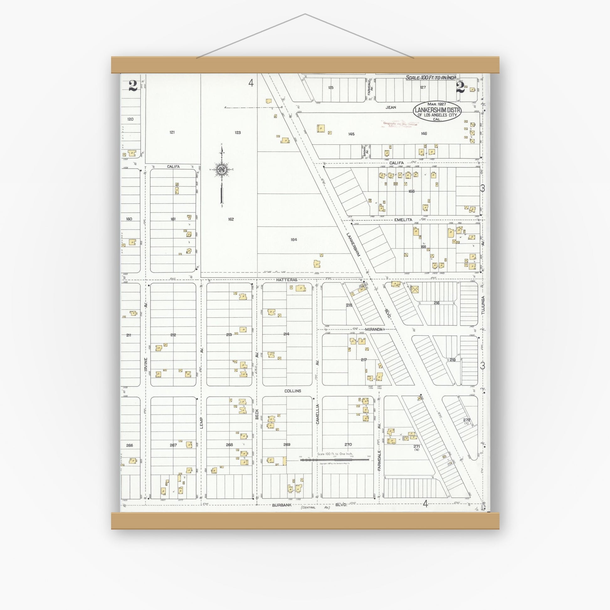 Old map wall art mockup — magnetic wood frame on white wall — Sanborn Fire Insurance Map from Lankershim, Los Angeles County, California (1927), Sheet #0002