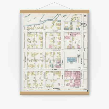 Old map wall art mockup — magnetic wood frame on white wall — Sanborn Fire Insurance Map from Muncie, Delaware County, Indiana (1889), Sheet #0002