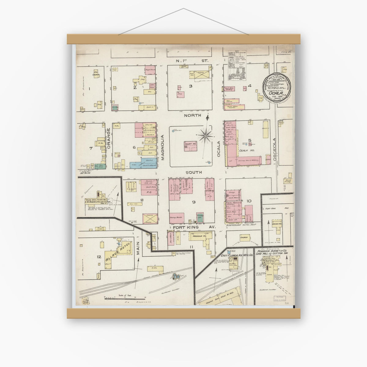 Old map wall art mockup — magnetic wood frame on white wall — Sanborn Fire Insurance Map from Ocala, Marion County, Florida (1886), Sheet #0001