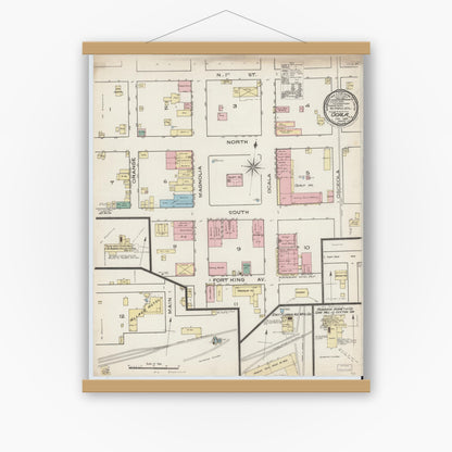 Old map wall art mockup — magnetic wood frame on white wall — Sanborn Fire Insurance Map from Ocala, Marion County, Florida (1886), Sheet #0001