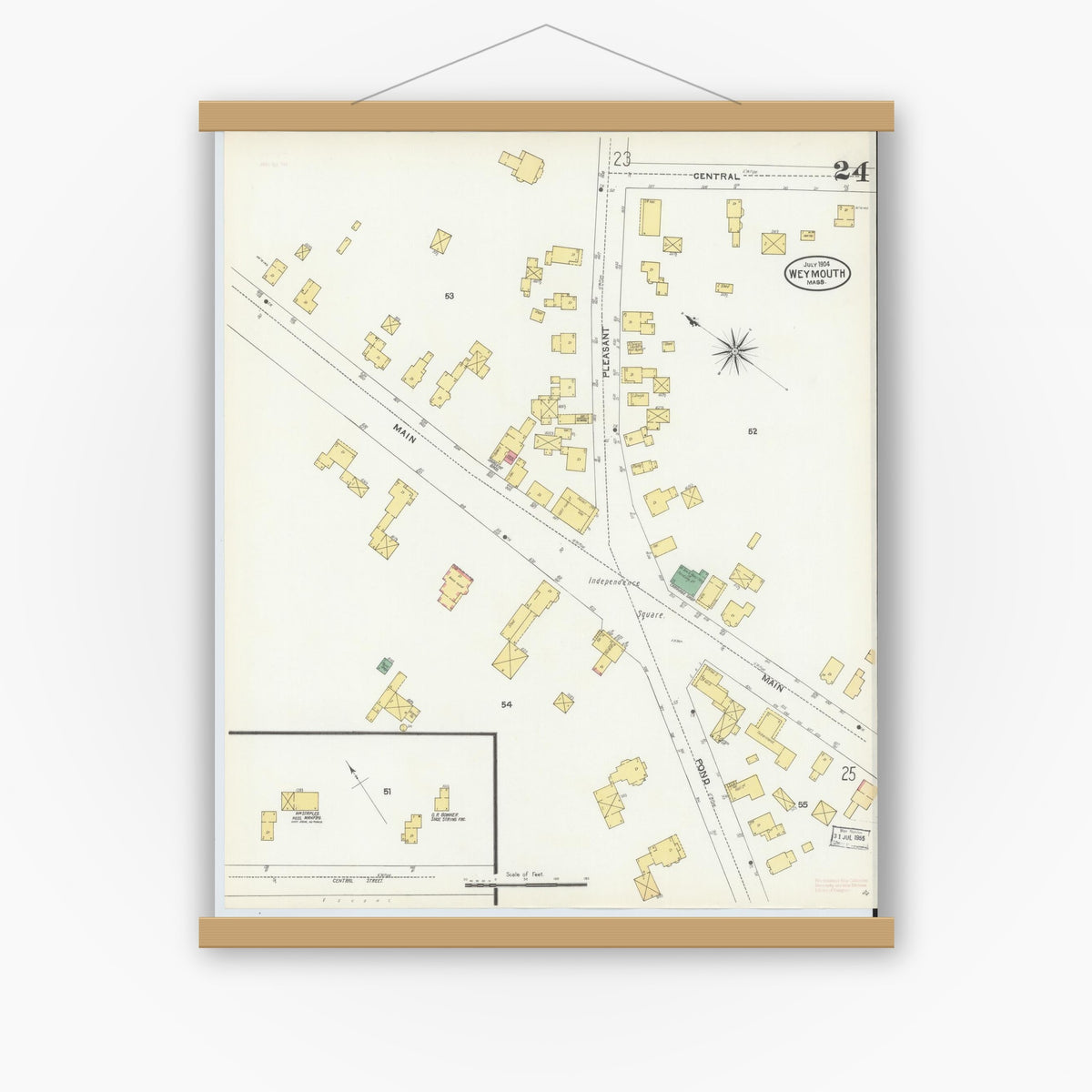 Old map wall art mockup — magnetic wood frame on white wall — Sanborn Fire Insurance Map from Weymouth, Norfolk County, Massachusetts (1904), Sheet #0024