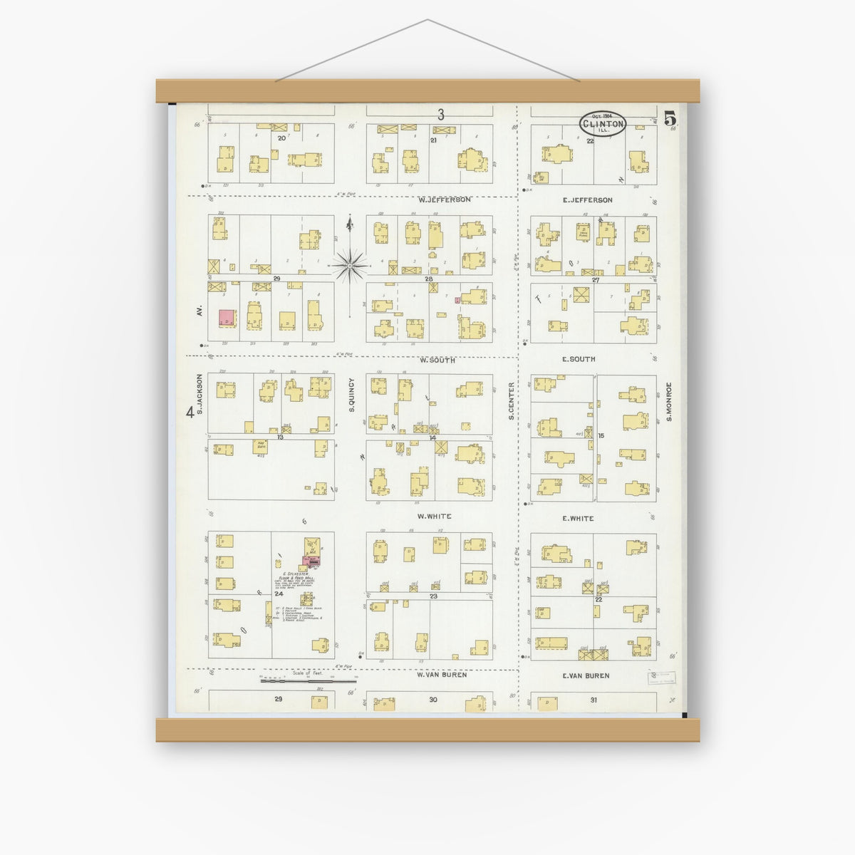Old map wall art mockup — magnetic wood frame on white wall — Sanborn Fire Insurance Map from Clinton, De Witt County, Illinois (1904), Sheet #0005