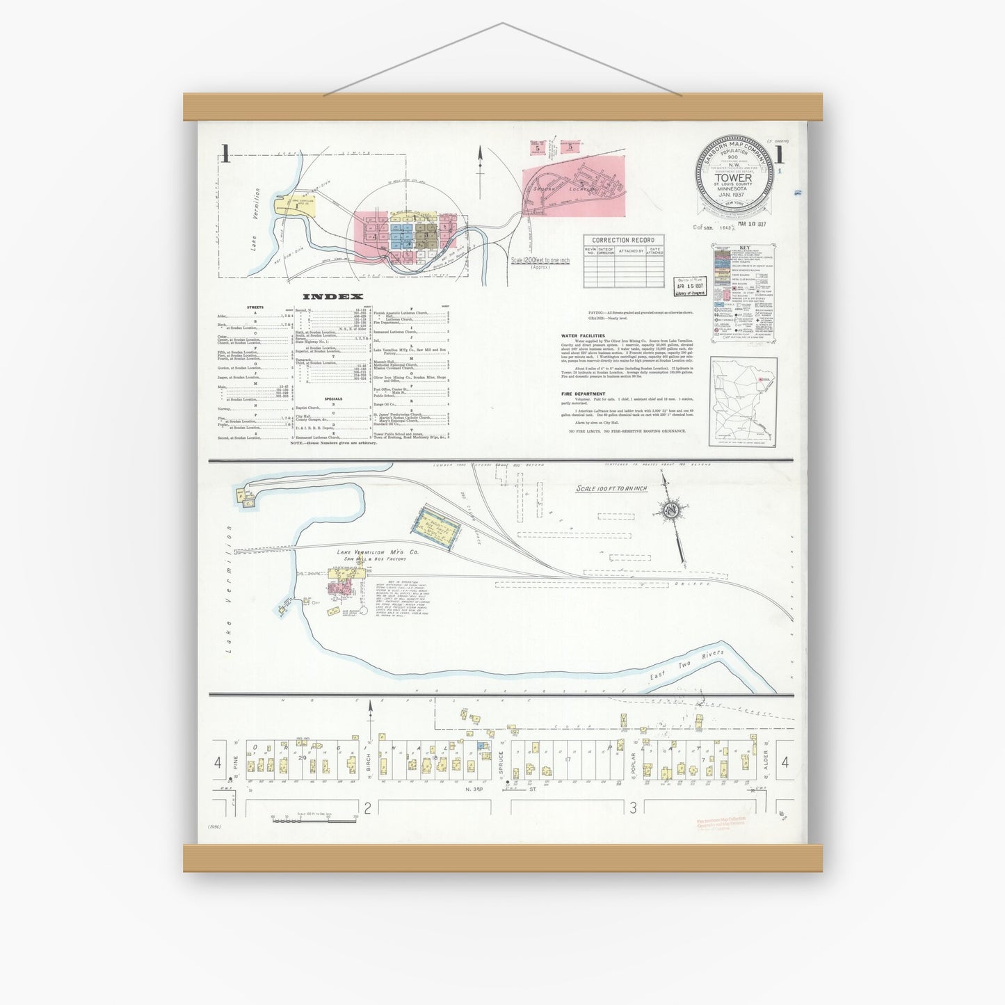Old map wall art mockup — magnetic wood frame on white wall — Sanborn Fire Insurance Map from Tower, Saint Louis County, Minnesota (1937) - Complete Map Set