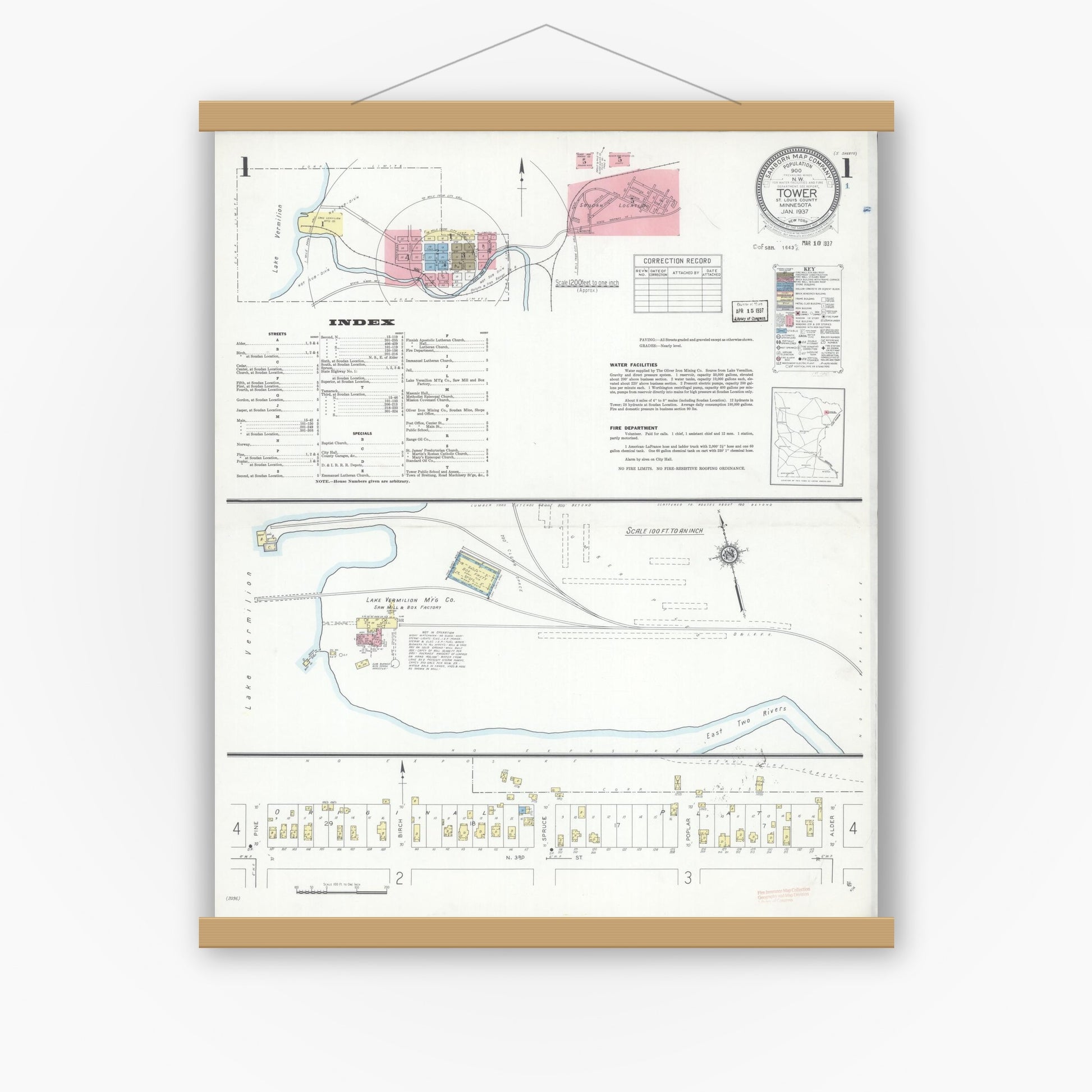 Old map wall art mockup — magnetic wood frame on white wall — Sanborn Fire Insurance Map from Tower, Saint Louis County, Minnesota (1937) - Complete Map Set