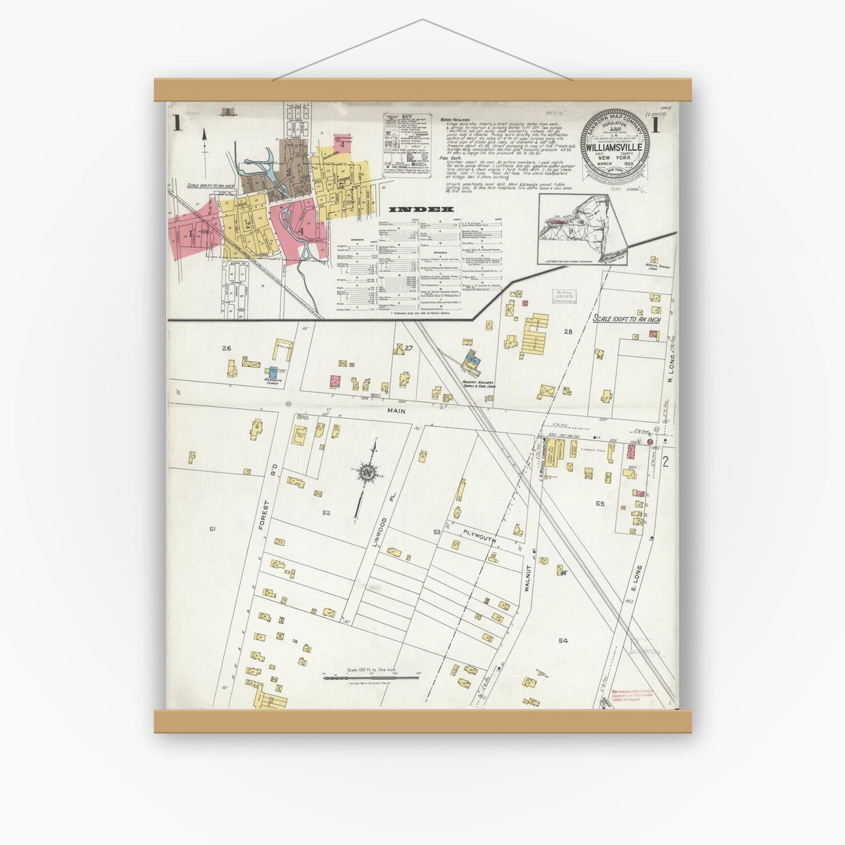 Old map wall art mockup — magnetic wood frame on white wall — Sanborn Fire Insurance Map from Williamsville, Erie County, New York (1923), Sheet #0001